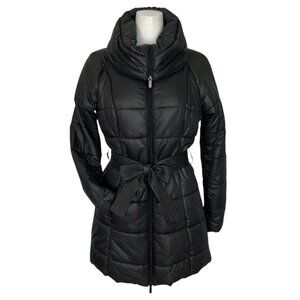 Bebe PH8 Womens Quilted Puffer Coat L Black Belted Pockets Zip Front Winter